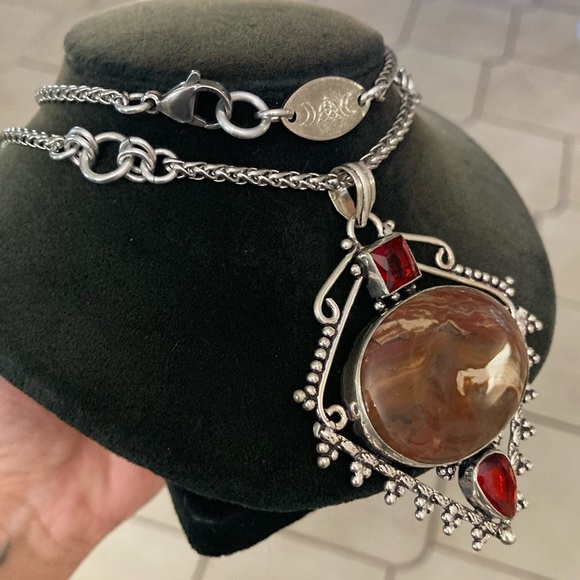 925 sterling silver overlay genuine red jasper stone boho steel chain necklace - Picture 10 of 13